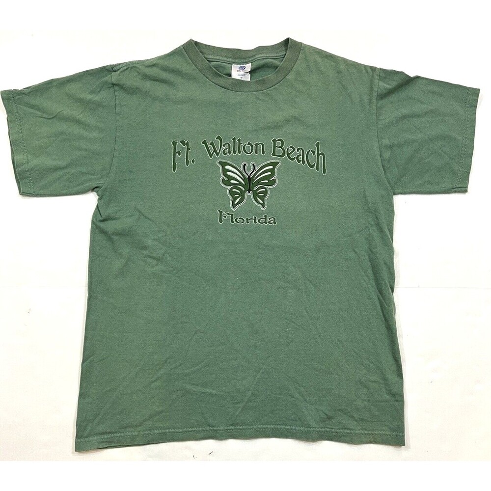 Vintage 90s Ft Walton Beach Florida Souvenir Tee Medium Green Butterfly USA Made